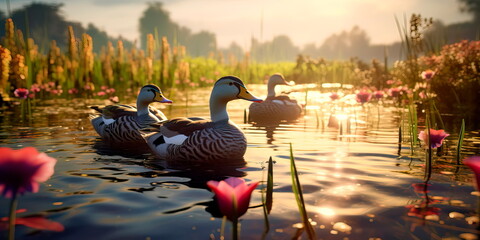 diverse ecosystem in a wetland area, showcasing birds, plants, and waterfowl. Generative AI - obrazy, fototapety, plakaty
