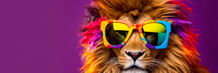 Lion wearing oversized, vibrant sunglasses and striking a pose against a colored backdrop, promoting , Generative AI - obrazy, fototapety, plakaty
