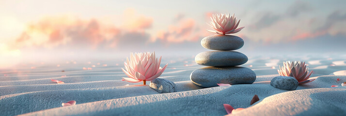  pink lotus flower on the sand with gray stones arranged in balanced piles,  Web banner, copy space, meditation product designs,flower and spa stones in zen garden