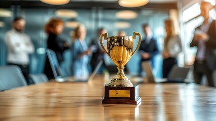 Golden trophy cup on a wooden table with business people in the background. AI generated illustration - obrazy, fototapety, plakaty