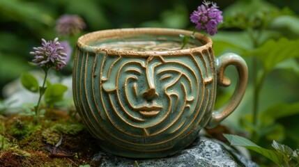 Handcrafted ceramic mug with a unique face design, nestled among lush greenery and delicate purple flowers.