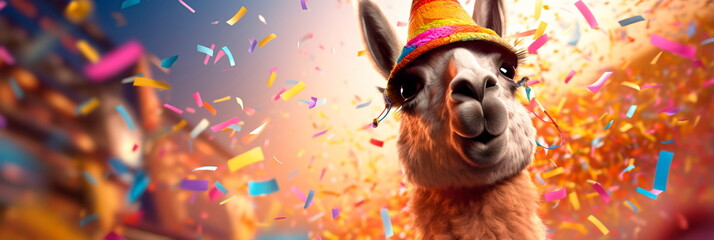 Naklejka premium jubilant llama with a colorful sombrero, surrounded by festive confetti . Generative AI