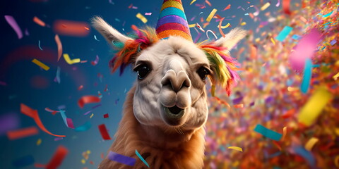 Fototapeta premium jubilant llama with a colorful sombrero, surrounded by festive confetti . Generative AI