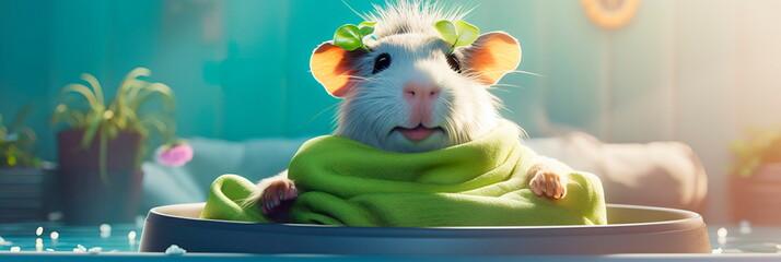 pampered guinea pig receiving a spa treatment with cucumber slices on its eyes, humorously promoting pet grooming services. Generative AI