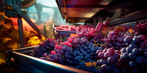grape harvester's conveyor belts gently carrying clusters of perfectly ripe grapes from the vine to a waiting . Generative AI - obrazy, fototapety, plakaty