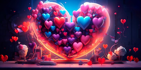 dynamic back to valentine day background with a burst of colorful geometric heart and symbols representing different love subjects. Generative AI
