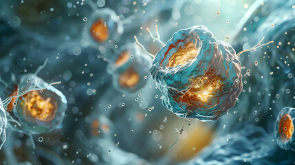 Human animal cell under microscope. 3d illustration, generative ai