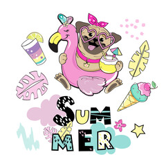 Summer pug dog on an inflatable flamingo and the inscription summer on a white background isolated - 768035146