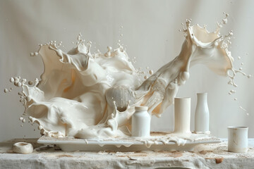 A white splash of milk is splattered across a white table - obrazy, fototapety, plakaty