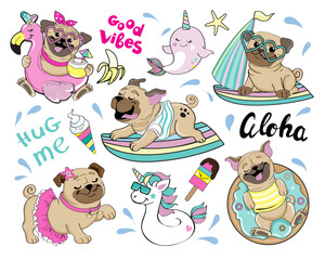Collection of summer pug dog on surfboard and inflatable flamingo. Vector illustration. T-shirt design patches - 768035320