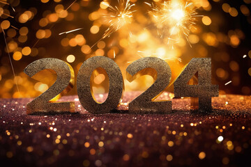 Happy new year 2024 text with glitter gold numbers on fireworks background