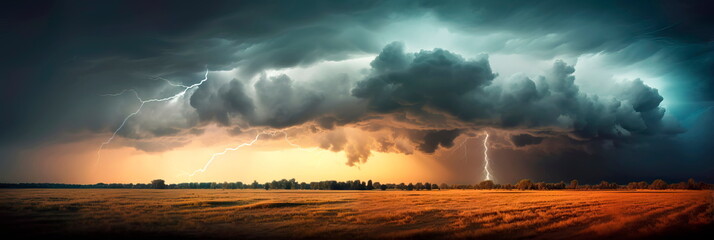 thunderstorm rolling across open plains, with lightning illuminating the dark sky. Generative AI