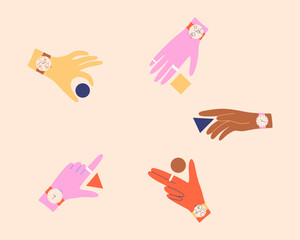 Set of colorful hands with watch on wrist. Diversity hands with wristwatch. Vector illustration isolated on background.