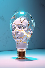 A light bulb with a face statue inside is cracking apart