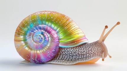 A 3D snail boasts an iridescent, rainbow-hued shell with a glistening spiral, set against a soft, neutral background.