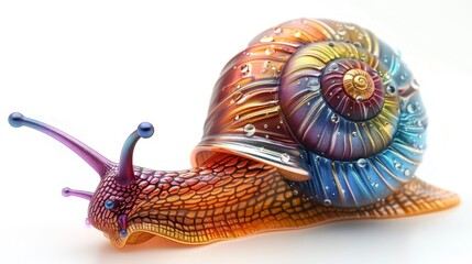 A whimsical digital art snail with a colorful, spiral shell glistens with water droplets, combining elements of nature with a touch of fantasy.