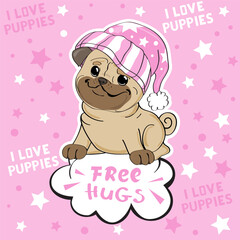 Funny puppy pug  in a hat and the inscription free hugs on a pink background - 768035573
