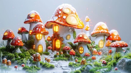 Obraz premium As twilight descends, this digital creation brings to life a mystical mushroom hamlet, glowing warmly amidst the softly falling snow.