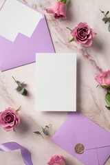 Wedding invitation card mockup, purple envelope and roses marble background. Flat lay, top view, copy space.