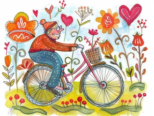 Fototapeta premium Whimsical doodle portraying a cheerful senior enjoying cycling.