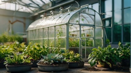 Beautiful greenhouse glass house in the garden yard,  Lots of pots with different plants.  Greenhouse for growing plant seedlings, A garden center greenhouse with a colorful display of potted plants. - obrazy, fototapety, plakaty
