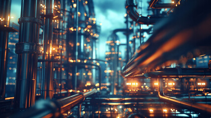 Heavy industrial park pipes pipelines at night industry business