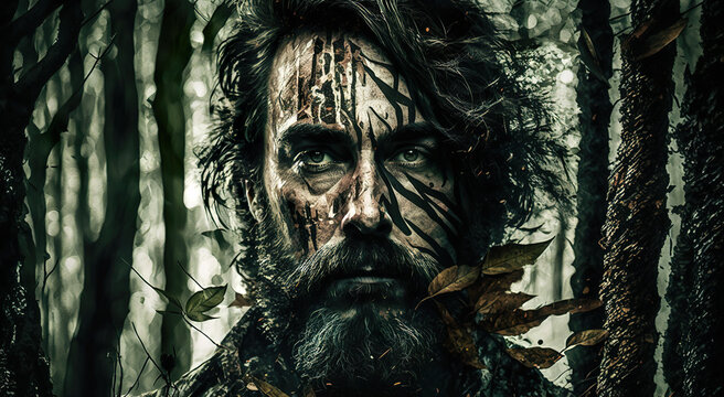 A tense-looking man emerges from a forest background,his face and beard seemingly decorated with traces of paint and natural elements such as leaves.The image has a mystical or wild atmosphere.AI gene