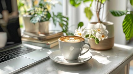 Fototapeta premium Perfectly crafted latte art in a white cup on a work desk with a laptop and vibrant houseplants in the background.