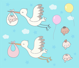 Stork and baby illustration with other kids figures