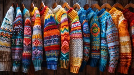 A vibrant display of handmade knit sweaters, each adorned with unique patterns and a spectrum of colors, hanging on wooden hangers. - obrazy, fototapety, plakaty