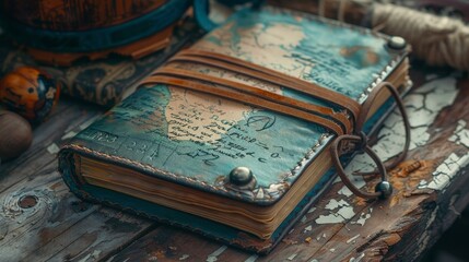 An old travel journal, with a weathered map cover, lies open among various explorer's tools, telling tales of adventure. - obrazy, fototapety, plakaty