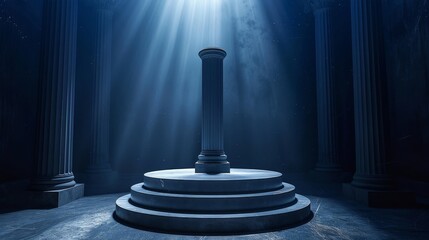 Produce an artistic, high-quality image of an elegant podium display pedestal, set against a deep blue background that mimics a night sky, complete with subtle, distant stars. - obrazy, fototapety, plakaty