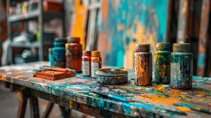 A close-up of a painter table in an art studio, covered with vibrant, paint-splattered pots and artistic tools.