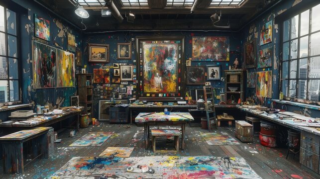 A vibrant artist studio filled with splattered paint, abstract canvases, and a creative mess reflecting an intense artistic process.