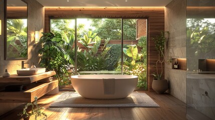 Sunlit modern bathroom with greenery outside and warm wood tones