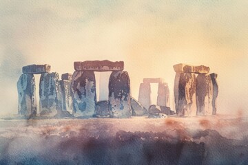 Watercolor painting of Stonehenge at dawn with mist - obrazy, fototapety, plakaty