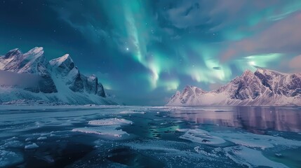Stunning views of the northern lights in the Lofoten Islands. With snow-capped mountains and frozen seas