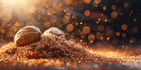  Nut shells on the ground with bokeh and sparkles in the background in soft light glows © SHOTPRIME STUDIO