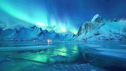 Stunning views of the northern lights in the Lofoten Islands. With snow-capped mountains and frozen seas