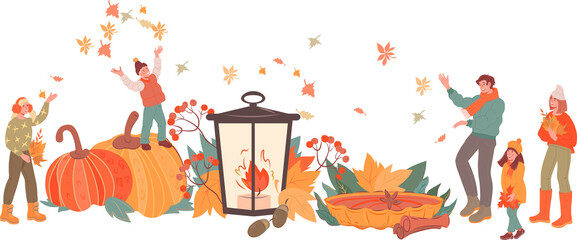 Happy family with kids greeting autumn at backdrop of huge seasonal food and pumpkins with yellow autumn leaves.  Fall autumn season background.