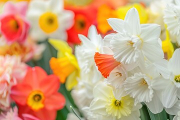 Fototapeta premium Assorted colorful daffodils in a bright floral display. Spring flowers
