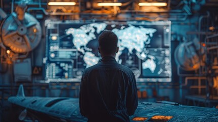 In a control room filled with high-tech equipment, a military strategist intently studies a digital world map for operational planning.