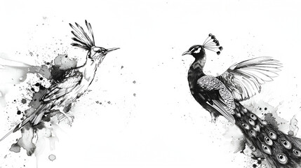 Ink illustration of birds the hoopoe and the peacock, generative ai