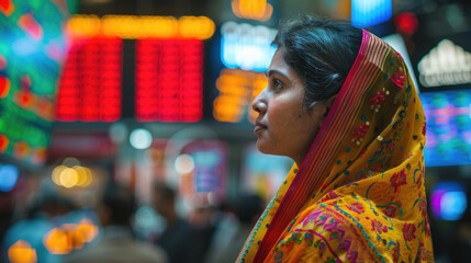 Obraz premium A woman from India at a train station or airport. Blurred dispatch board