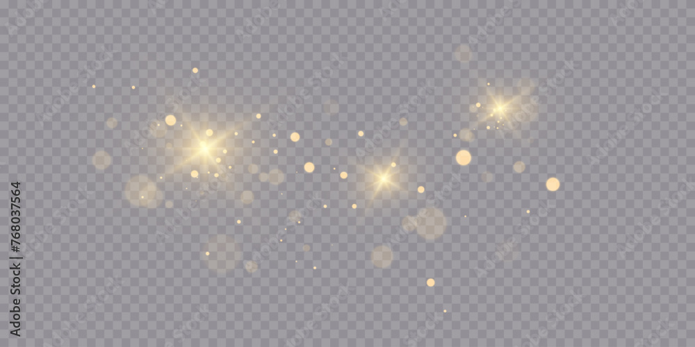 Poster the dust sparks and golden stars shine with special light. vector sparkles on a transparent backgrou