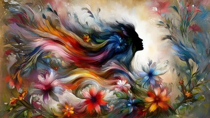 illustration of an abstract painting of a woman among blooming flowers