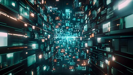 Abstract AI-generated background with digital shapes, futuristic elements and patterns. Concept of future technologies and artificial intelligence.