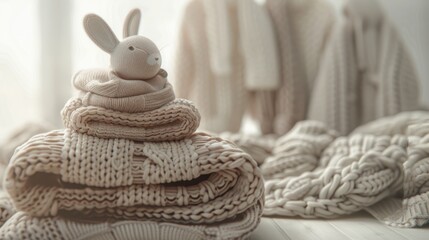 Obraz na płótnie Canvas Soft Comforts and Whimsy, soft toy bunny perches atop a pile of cozy beige knitted sweaters, suggesting warmth and childhood nostalgia