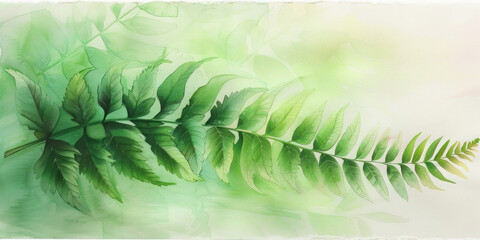 Green Fern Leaf Watercolor Painting on White Background with Space for Text and Copy Space for Design Layout