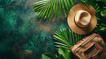 Simple layout of travel essentials with a hat and suitcase, tropical vibe - obrazy, fototapety, plakaty